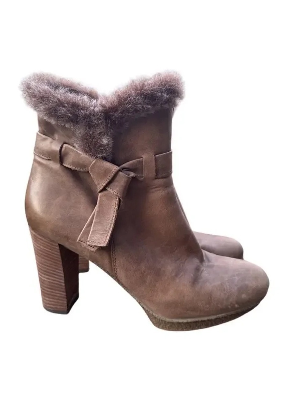 Aquatalia Fur-Trim Brown Suede Ankle Boots with Stacked Block Heel